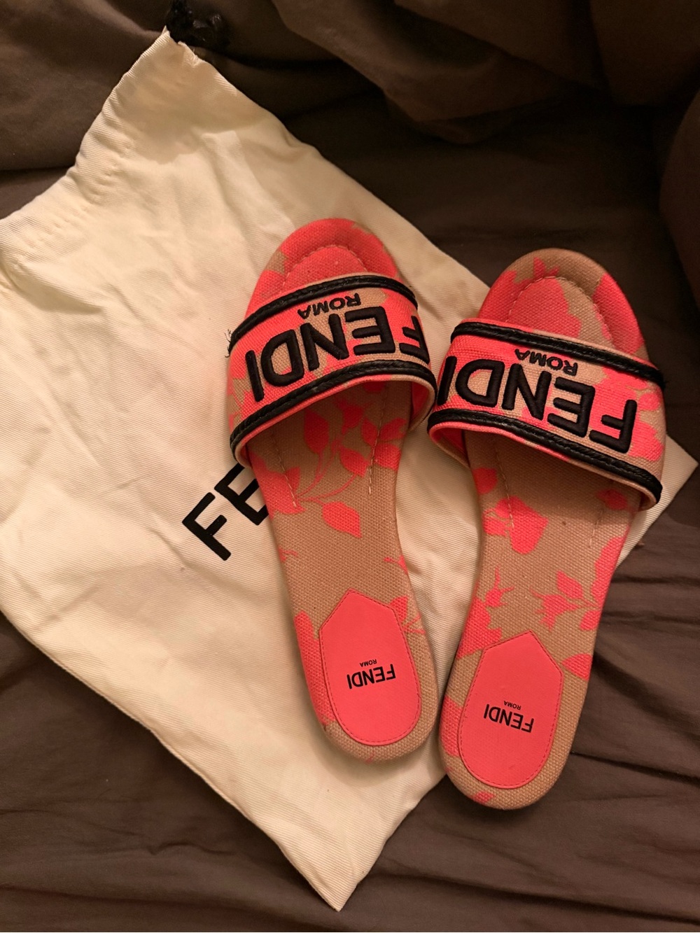 Fendi Coral Pink floral canvas Slide Sandals